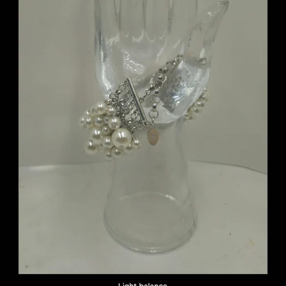 Vintage Aura Faux Cluster Pearl Rhinestone Silver Tone Link Bracelet - Picture 3 of 16